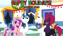 Size: 2064x1161 | Tagged: safe, anonymous artist, artist:90sigma, imported from derpibooru, prince blueblood, princess cadance, shining armor, tempest shadow, alicorn, unicorn, 2022, berryblood, canterlot, christmas, december, female, friendship, happy holidays, hearth's warming, holiday, male, shiningcadance, shipping, song reference, straight, youtube link in the description