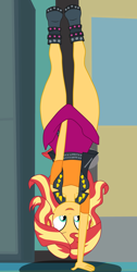 Size: 1900x3761 | Tagged: safe, artist:gmaplay, imported from derpibooru, sunset shimmer, human, equestria girls, chisato challenge, clothes, denied, handstand, open mouth, open smile, skirt, skirt pull, smiling, solo, upside down