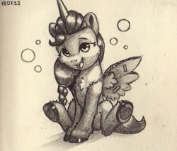 Size: 756x643 | Tagged: safe, artist:itssim, imported from derpibooru, sunny starscout, earth pony, pony, alicorn costume, costume, fake horn, fake wings, g5, my little pony: a new generation, pencil drawing, sitting, smiling, traditional art