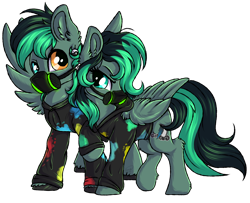 Size: 3300x2684 | Tagged: safe, artist:julunis14, imported from derpibooru, oc, oc only, oc:lunar thunder, oc:target strike, pegasus, pony, derpibooru community collaboration, 2023 community collab, brother and sister, clothes, duo, ear piercing, earring, female, gas mask, heterochromia, hoodie, jewelry, male, mask, paint, piercing, respirator, siblings, simple background, transparent background, twins