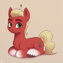 Size: 974x979 | Tagged: safe, artist:luminousdazzle, derpibooru exclusive, imported from derpibooru, sprout cloverleaf, earth pony, pony, confused, cute, full body, g5, gradient hooves, lying down, male, ponyloaf, prone, question mark, simple background, solo, sproutbetes, stallion, unshorn fetlocks