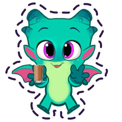 Size: 512x512 | Tagged: safe, edit, imported from derpibooru, dragon, baby, baby dragon, chocolate, chocolate milk, dragon wings, freckles, g5, gameloft, holding, male, meme, milk, my little pony: mane merge, no nose, open mouth, open smile, reaching, simple background, smiling, solo, sparky sparkeroni, spread wings, sticker, transparent background, wings