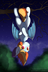 Size: 2000x3000 | Tagged: safe, artist:dicemarensfw, imported from derpibooru, oc, oc:vega, bat pony, bat pony oc, bat wings, cute, fangs, hanging, hanging upside down, looking at you, night, solo, tree, tree branch, upside down, wings