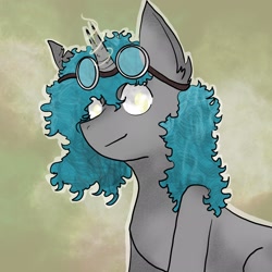 Size: 2048x2048 | Tagged: safe, artist:thezeranova, imported from derpibooru, oc, oc only, pony, unicorn, abstract background, blind, blue hair, blue mane, broken horn, character, curly hair, digital art, drawing, goggles, goggles on head, gray coat, horn, magic, pony oc, procreate app, unicorn oc, yellow eyes