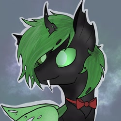 Size: 2048x2048 | Tagged: safe, artist:thezeranova, imported from derpibooru, oc, oc only, changeling, unicorn, abstract background, bowtie, bust, changeling oc, green changeling, green eyes, green hair, happy, horn, portrait, sharp teeth, smiling, teeth