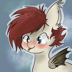 Size: 2048x2048 | Tagged: safe, artist:thezeranova, imported from derpibooru, oc, oc only, oc:soft symphony, bat pony, pony, abstract background, baby, baby pony, bat pony oc, child, cute, fluffy, foal, red hair, tongue out, wings