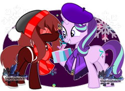 Size: 1280x937 | Tagged: safe, artist:ashakalovsky, artist:nightlightartz, imported from derpibooru, starlight glimmer, earth pony, pony, unicorn, beanie, beret, christmas, clothes, commission, crossover, cute, duo, glimmerbetes, grin, hat, holiday, marvel, mary jane watson, ponified, present, raised hoof, scarf, simple background, smiling, spider-man, spider-woman, striped scarf, superhero, superhero costume, transparent background, ych result