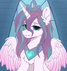 Size: 1448x1556 | Tagged: safe, alternate version, artist:trickate, imported from derpibooru, princess flurry heart, alicorn, pony, cheek fluff, chest fluff, ear fluff, exhausted, female, frown, jewelry, lidded eyes, looking at you, mare, older, older flurry heart, shoulder fluff, sitting, solo, spread wings, tiara, tired, wings