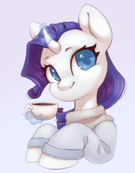 Size: 841x1079 | Tagged: safe, artist:melodylibris, imported from derpibooru, rarity, pony, unicorn, clothes, colored pupils, cup, curved horn, cute, female, glowing, glowing horn, horn, levitation, magic, magic aura, mare, raribetes, simple background, smiling, solo, sweater, teacup, telekinesis, white background