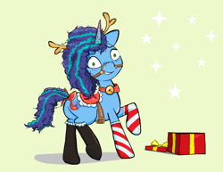 Size: 1280x990 | Tagged: safe, artist:sallycars, imported from derpibooru, pony, unicorn, animal costume, antlers, bell, bell collar, black socks, blushing, bow, bridle, butt, christmas, clothes, collar, costume, female, freckles, g5, green background, grin, holiday, mare, misty brightdawn, ms paint, pinpoint eyes, plot, present, reindeer antlers, reindeer costume, saddle, simple background, smiling, socks, solo, stars, stockings, striped socks, tack, tail, tail bow, thigh highs