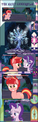 Size: 1483x4724 | Tagged: safe, artist:shootingstarsentry, imported from derpibooru, starlight glimmer, tree of harmony, oc, oc:nightshade (digimonlover101), oc:star curve, changepony, hybrid, pony, unicorn, comic:the next generation, interspecies offspring, offspring, parent:king sombra, parent:queen chrysalis, parent:starlight glimmer, parent:sunburst, parents:chrysombra, parents:starburst