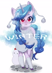 Size: 2911x4096 | Tagged: safe, artist:potetecyu_to, imported from derpibooru, izzy moonbow, pony, unicorn, clothes, cute, female, g5, hat, high res, izzybetes, looking at you, mare, smiling, smiling at you, snowman, socks, solo, sweater, text, winter, winter outfit