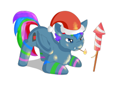 Size: 4960x3508 | Tagged: safe, artist:avacz, imported from derpibooru, oc, oc only, oc:azure star (fauli1221), bat pony, pony, bat pony oc, christmas, fire, fireworks, fuse, hat, hearth's warming, holiday, male, match, mouth hold, santa hat, simple background, solo, transparent background
