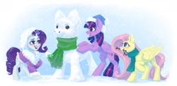 Size: 2421x1181 | Tagged: safe, artist:amishy, imported from derpibooru, fluttershy, rarity, twilight sparkle, alicorn, pegasus, pony, unicorn, bipedal, clothes, female, hat, jacket, mare, mouth hold, scarf, snow, snowfall, snowpony, sticks, trio, twilight sparkle (alicorn), winter, winter hat