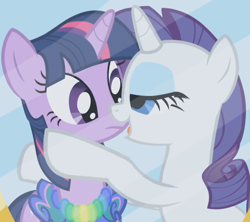 Size: 616x547 | Tagged: safe, imported from derpibooru, screencap, rarity, twilight sparkle, pony, unicorn, season 1, the ticket master, cropped, duo, female, implied lesbian, implied rarilight, implied shipping, lidded eyes, mare, mid-blink screencap, mirror, out of context, saddle, tack, unicorn twilight