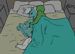 Size: 2304x1646 | Tagged: safe, artist:ara, color edit, edit, imported from twibooru, fleetfoot, oc, oc:anon, human, pegasus, pony, bed, colored, cuddling, female, human on pony snuggling, image, mare, pillow, png, snuggling, spooning, underhoof