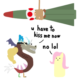 Size: 1000x1000 | Tagged: safe, artist:2merr, discord, fluttershy, draconequus, :), blob ponies, dialogue, dot eyes, drawthread, female, homestar runner, male, missile, pun, requested art, rope, simple background, smiley face, smiling, super mario bros., tied up, toad (mario bros), trogdor, visual pun, white background