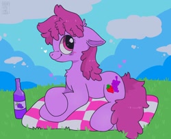 Size: 2026x1657 | Tagged: safe, artist:spookyfoxinc, imported from derpibooru, berry punch, berryshine, earth pony, pony, alcohol, background pony, cloud, cloudy, drunk, female, floppy ears, fluffy, go home you're drunk, grass, mare, scenery, sitting, solo, wine