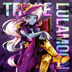 Size: 871x867 | Tagged: safe, artist:granatty, imported from derpibooru, trixie, human, equestria girls, rainbow rocks, looking at you, smiling, smiling at you, sparkles