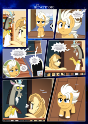 Size: 3259x4607 | Tagged: safe, artist:estories, imported from derpibooru, discord, oc, oc:alice goldenfeather, oc:fable, draconequus, earth pony, pegasus, pony, comic:nevermore, ..., accidental innuendo, comic, not what it looks like, onomatopoeia, open mouth, pegasus oc, sleeping, sound effects, speech bubble, we don't normally wear clothes