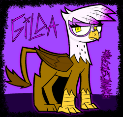 Size: 811x772 | Tagged: safe, artist:xxv4mp_g4z3rxx, imported from derpibooru, gilda, griffon, beak, claws, feather, female, folded wings, looking at you, signature, solo, text, wings, yellow eyes