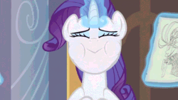 Size: 960x540 | Tagged: safe, imported from derpibooru, screencap, rarity, pony, unicorn, sweet and elite, animated, blushing, expansion, eyes closed, gif, glowing, glowing horn, holding breath, horn, magic, magic aura, puffy cheeks, red face, slowed down, telekinesis
