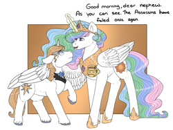 Size: 1280x960 | Tagged: safe, artist:binibean, imported from derpibooru, prince blueblood, princess celestia, alicorn, pony, unicorn, attempted murder, coffee mug, dialogue, duo, female, levitation, magic, male, mare, mug, one wing out, stallion, story included, telekinesis, wings