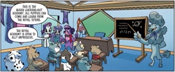 Size: 1334x555 | Tagged: safe, artist:briannacherrygarcia, idw, imported from derpibooru, maud pie, rarity, diamond dog, earth pony, pony, unicorn, spoiler:comic, spoiler:comicannual2021, classroom, dialogue, female, female diamond dog, g4, group, mare, moonbeam twinkletail, season 10, speech bubble, unnamed character