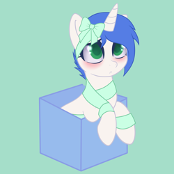 Size: 4000x4000 | Tagged: safe, artist:theriyelp, imported from derpibooru, oc, oc:shifting gear, pony, unicorn, blushing, bow, box, commission, pony in a box, present, solo, ych result, your character here