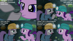 Size: 2001x1125 | Tagged: safe, edit, edited screencap, editor:quoterific, imported from derpibooru, screencap, maud pie, starlight glimmer, earth pony, pony, unicorn, rock solid friendship, boulder (g4), cave, dialogue, duo, gem, gemstones, helmet, mining helmet, text