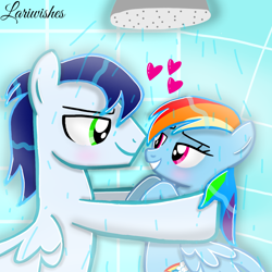 Size: 1300x1300 | Tagged: safe, artist:mlplary6, imported from derpibooru, rainbow dash, soarin', pegasus, pony, bedroom eyes, blushing, female, handsome, heart, lidded eyes, looking at each other, looking at someone, male, mare, romance, romantic, sexy, shipping, shower, showering, smiling, smiling at each other, soarindash, stallion, straight, stupid sexy rainbow dash, stupid sexy soarin', wet, wet mane