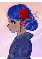 Size: 1425x2000 | Tagged: safe, artist:tanatos, imported from derpibooru, princess luna, fish, human, koi, abstract background, anime, clothes, cutie mark accessory, elf ears, eyeliner, eyeshadow, female, flower, flower in hair, hair bun, hairpin, humanized, kimono (clothing), lipstick, makeup, simple background, solo, sparkles