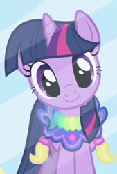 Size: 437x647 | Tagged: safe, imported from derpibooru, screencap, twilight sparkle, pony, unicorn, season 1, the ticket master, beautiful, clothes, cute, dress, female, head tilt, looking at you, mare, mirror, pretty, saddle, smiling, solo, tack, twiabetes, unicorn twilight