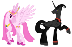 Size: 4996x3288 | Tagged: safe, artist:nathaniel718, imported from derpibooru, alicorn, pony, adventure time, business suit, cartoon network, clothes, crown, female, hoof shoes, jewelry, male, mare, necktie, nergal, nergal and princess bubblegum, ponified, princess bubblegum, regalia, simple background, stallion, suit, the grim adventures of billy and mandy, white background