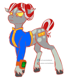 Size: 591x700 | Tagged: safe, artist:liechisenshi, imported from derpibooru, oc, oc only, oc:point blank, earth pony, pony, fallout equestria, pipbuck, simple background, solo, unshorn fetlocks, white background