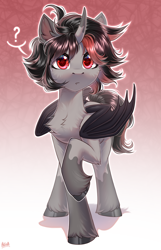 Size: 2000x3100 | Tagged: safe, artist:hakaina, imported from derpibooru, oc, oc only, oc:bezou, demon, demon pony, abstract background, bat wings, cheek fluff, chest fluff, coat markings, curious, cute, demon horns, fangs, fluffy, high res, hoof fluff, horns, looking at you, ocbetes, question mark, raised hoof, red eyes, shadow, signature, simple background, socks (coat markings), unshorn fetlocks, wings