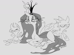 Size: 1280x960 | Tagged: safe, artist:zazush-una, imported from derpibooru, queen chrysalis, changeling, changeling queen, lying down, monochrome, prone