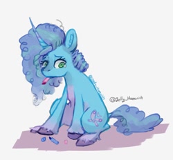 Size: 897x832 | Tagged: safe, artist:jelly_hamwich, imported from derpibooru, pony, unicorn, colored fetlocks, crying, curly mane, cute, fake cutie mark, frizzy hair, g5, marker, marker drawing, misty brightdawn, mistybetes, mouth hold, sad, sadorable, solo, traditional art, unshorn fetlocks