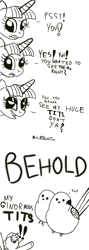 Size: 367x1033 | Tagged: safe, artist:tigerbeetle, derpibooru exclusive, imported from derpibooru, twilight sparkle, alicorn, bird, tit (bird), comic, exclamation point, female, long-tailed tit, mare, monochrome, question mark, simple background, talking to viewer, white background, wordplay