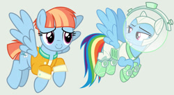 Size: 1209x661 | Tagged: safe, artist:guihercharly, edit, imported from derpibooru, vector edit, rainbow dash, windy whistles, pegasus, pony, parental glideance, scare master, astrodash, astronaut, clothes, costume, duo, duo female, female, flying, frown, gray background, mare, mother and child, mother and daughter, simple background, smiling, space helmet, spread wings, vector, wings