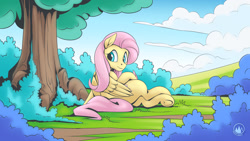 Size: 1920x1080 | Tagged: safe, artist:mysticalpha, imported from derpibooru, fluttershy, pegasus, pony, bush, butt, female, flutterbutt, looking back, lying down, mare, on side, outdoors, plot, smiling, solo, tree, underhoof