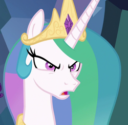 Size: 1112x1080 | Tagged: safe, edit, edited screencap, imported from derpibooru, screencap, princess celestia, rarity, alicorn, pony, unicorn, season 9, the ending of the end, spoiler:s09, angry, bust, cropped, crown, duo, duo female, female, frown, jewelry, mare, offscreen character, open mouth, regalia, solo focus