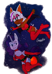 Size: 750x1065 | Tagged: safe, artist:rtisticmoulton, imported from derpibooru, rarity, anthro, bat, unicorn, arms spread out, clothes, flying, jetpack, leotard, night, rouge the bat, smiling, snow, sonic the hedgehog (series), spread wings, traditional art, wings