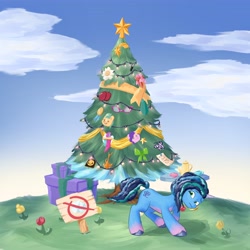 Size: 4096x4096 | Tagged: safe, artist:felldeal, imported from derpibooru, pony, unicorn, series:daily drawing december, christmas, christmas tree, cup, fake cutie mark, female, flower, g5, holiday, mare, misty brightdawn, present, ribbon, sign, table, teacup, teapot, tree