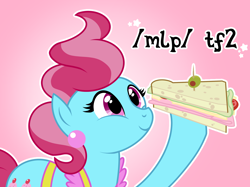 Size: 2732x2048 | Tagged: safe, artist:mistress midnight, imported from derpibooru, cup cake, earth pony, pony, /mlp/ tf2 general, female, food, hoof hold, mare, sandvich, sandwich, smiling, solo, team fortress 2, text