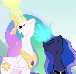Size: 1096x1080 | Tagged: safe, imported from derpibooru, screencap, princess celestia, princess luna, alicorn, pony, the ending of the end, cropped, crown, duo, eyes closed, glowing, glowing horn, horn, jewelry, nose in the air, regalia