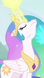 Size: 609x1080 | Tagged: safe, imported from derpibooru, screencap, princess celestia, alicorn, pony, the ending of the end, cropped, eyes closed, glowing, glowing horn, horn, nose in the air, solo