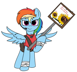 Size: 3035x2858 | Tagged: artist needed, safe, edit, imported from derpibooru, rainbow dash, pegasus, pony, /mlp/ tf2 general, bandage, clothes, conscientious objector, demoman, female, flower, headband, mare, microphone, scout, shirt, sign, simple background, sunflower, transparent background