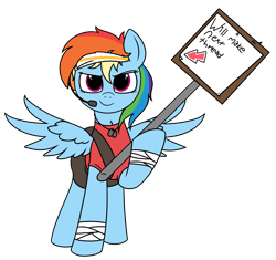 Size: 3035x2858 | Tagged: artist needed, safe, imported from derpibooru, rainbow dash, pegasus, pony, /mlp/ tf2 general, bandage, clothes, conscientious objector, female, headband, mare, microphone, scout, shirt, sign, simple background, solo, team fortress 2, transparent background