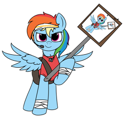 Size: 3035x2858 | Tagged: artist needed, safe, imported from derpibooru, rainbow dash, pegasus, pony, /mlp/ tf2 general, bandage, clothes, conscientious objector, droste effect, female, headband, hoof hold, mare, microphone, raised hoof, recursion, scout, shirt, sign, simple background, solo, team fortress 2, transparent background